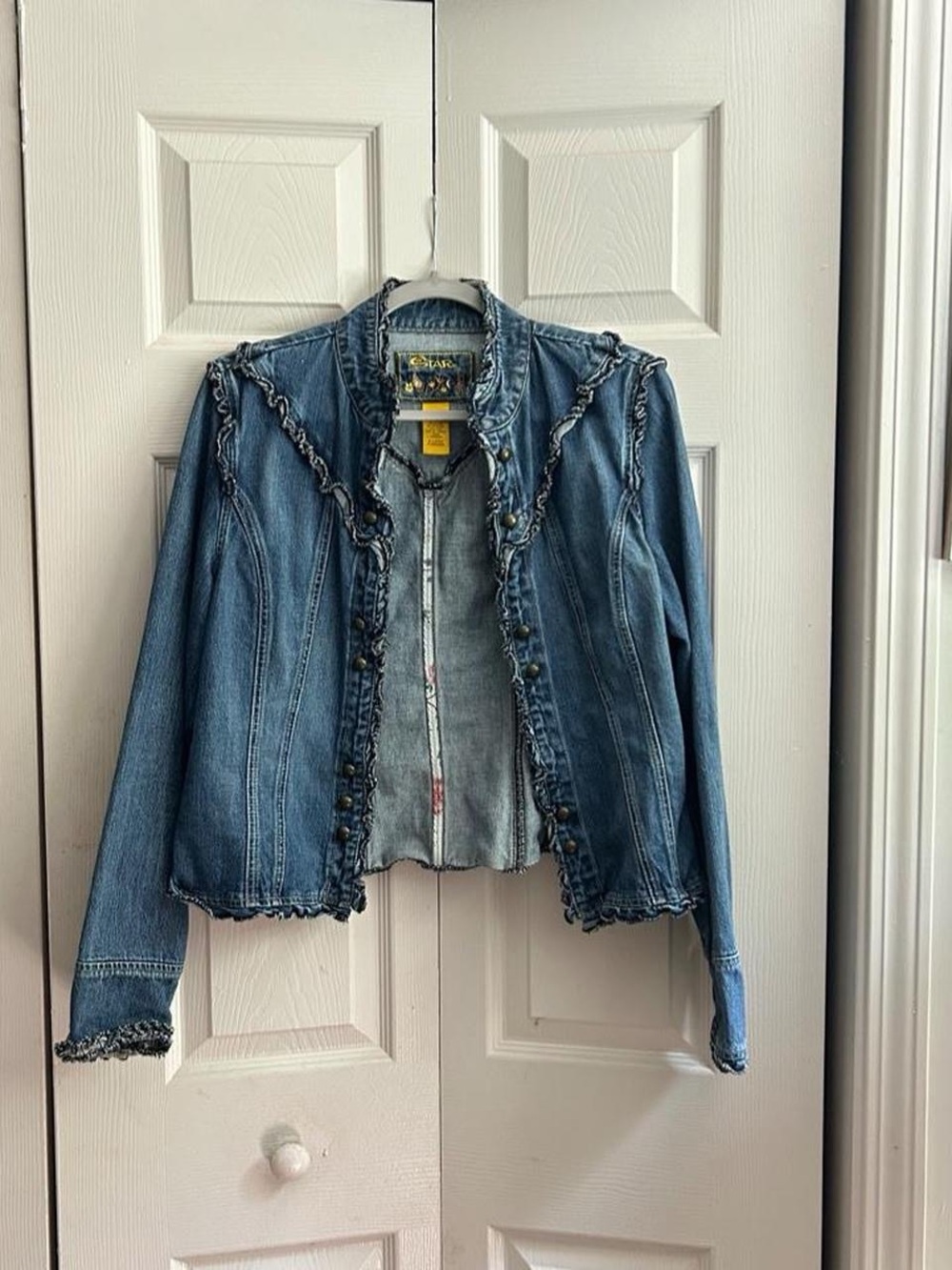 Women’s Blue Denim Jacket with Ruffle Trim